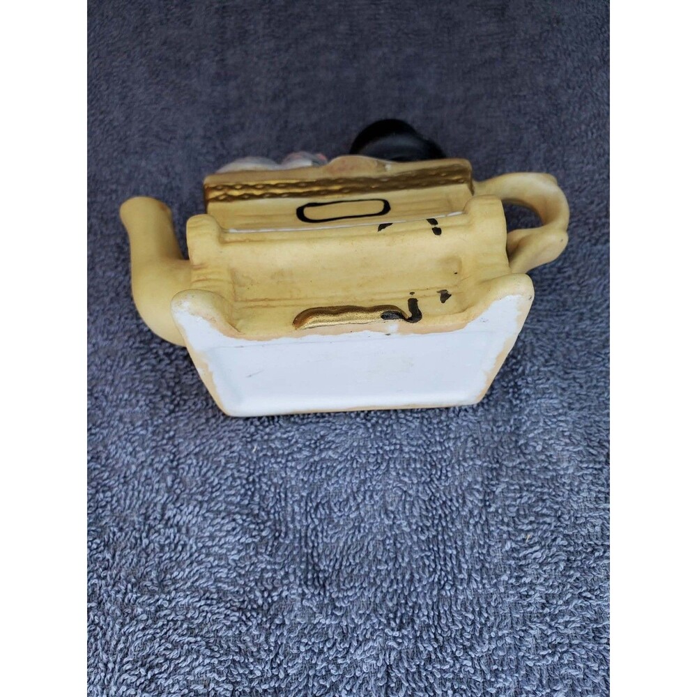 Vintage Ceramic Brown Piano Teapot Vintage top hat Lid And Cat On Top white keys